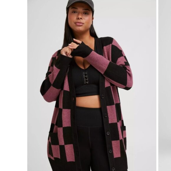 Torrid size 4X Pink Black Checkered Luxe Cozy Jacquard Boyfriend Cardigan Tunic - Picture 2 of 11